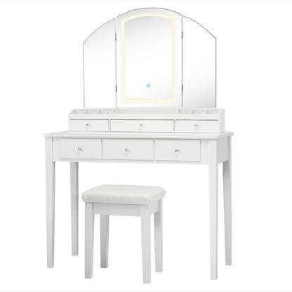 Modern Vanity Table Set with Tri-Fold LED Mirror and Cushioned Stool – White