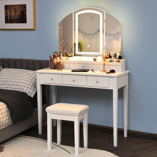 Modern Vanity Table Set with Tri-Fold LED Mirror and Cushioned Stool – White