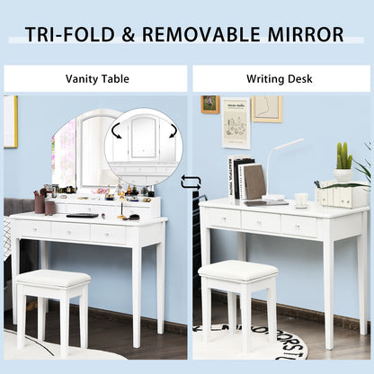 Modern Vanity Table Set with Tri-Fold LED Mirror and Cushioned Stool – White