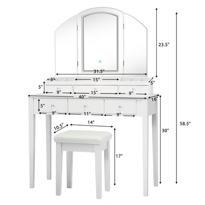 Modern Vanity Table Set with Tri-Fold LED Mirror and Cushioned Stool – White