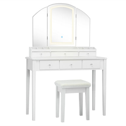 Modern Vanity Table Set with Tri-Fold LED Mirror and Cushioned Stool – White
