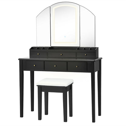 Modern Vanity Table Set with Tri-Fold LED Mirror and Cushioned Stool – Black