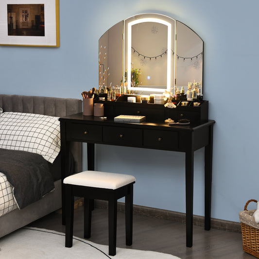 Modern Vanity Table Set with Tri-Fold LED Mirror and Cushioned Stool – Black