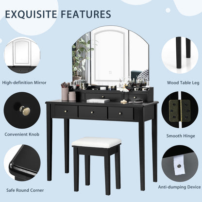 Modern Vanity Table Set with Tri-Fold LED Mirror and Cushioned Stool – Black