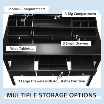 Modern Vanity Table Set with Tri-Fold LED Mirror and Cushioned Stool – Black
