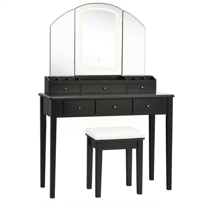 Modern Vanity Table Set with Tri-Fold LED Mirror and Cushioned Stool – Black