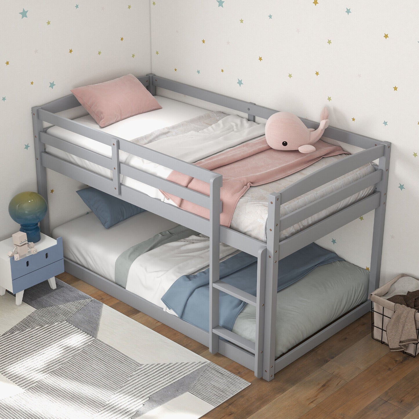 Sturdy Twin Size Bunk Bed with High Safety Guardrails and Integrated Ladder - Grey