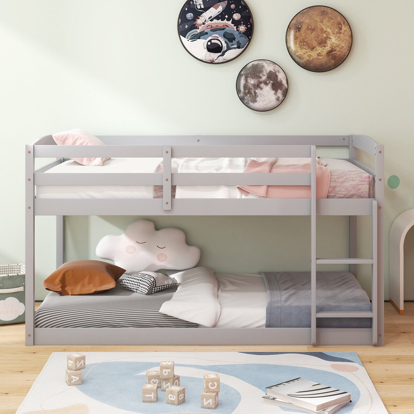Sturdy Twin Size Bunk Bed with High Safety Guardrails and Integrated Ladder - Grey