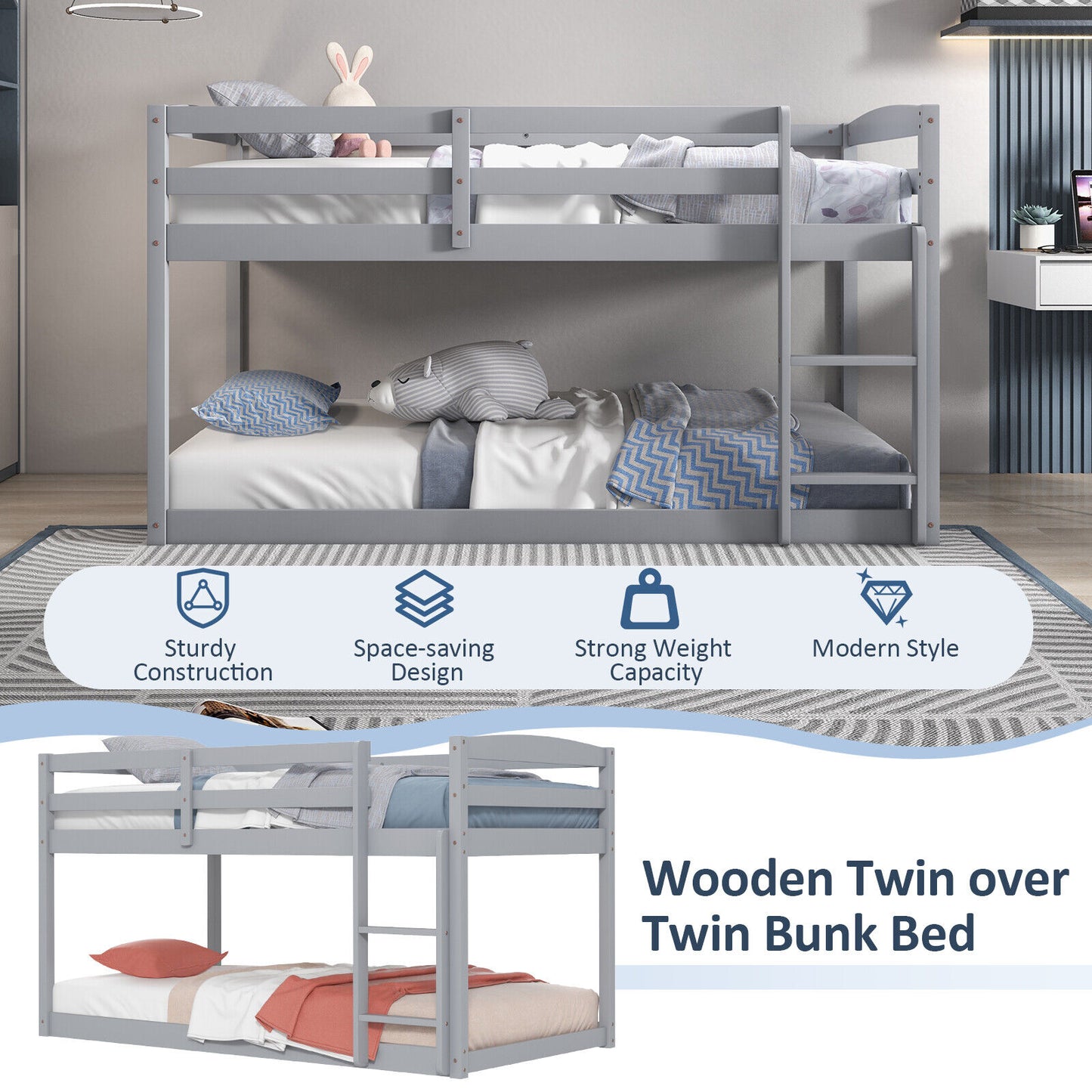 Sturdy Twin Size Bunk Bed with High Safety Guardrails and Integrated Ladder - Grey