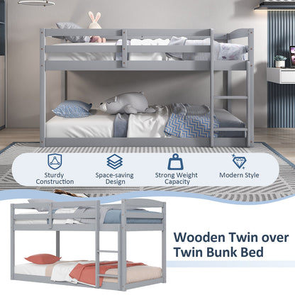 Sturdy Twin Size Bunk Bed with High Safety Guardrails and Integrated Ladder - Grey