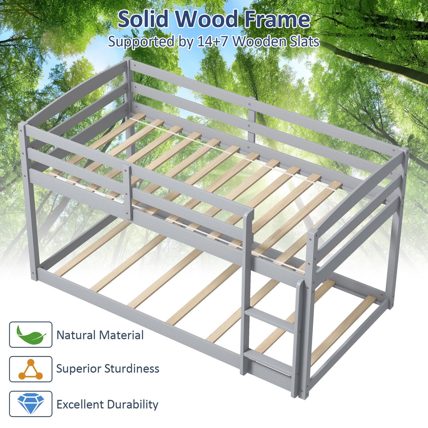 Sturdy Twin Size Bunk Bed with High Safety Guardrails and Integrated Ladder - Grey