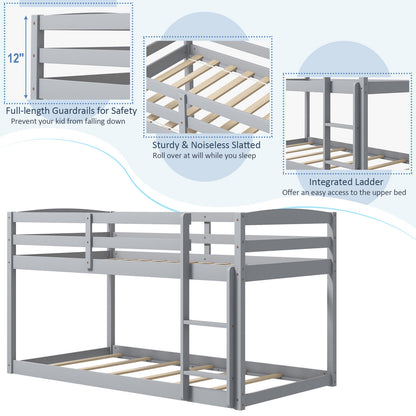 Sturdy Twin Size Bunk Bed with High Safety Guardrails and Integrated Ladder - Grey