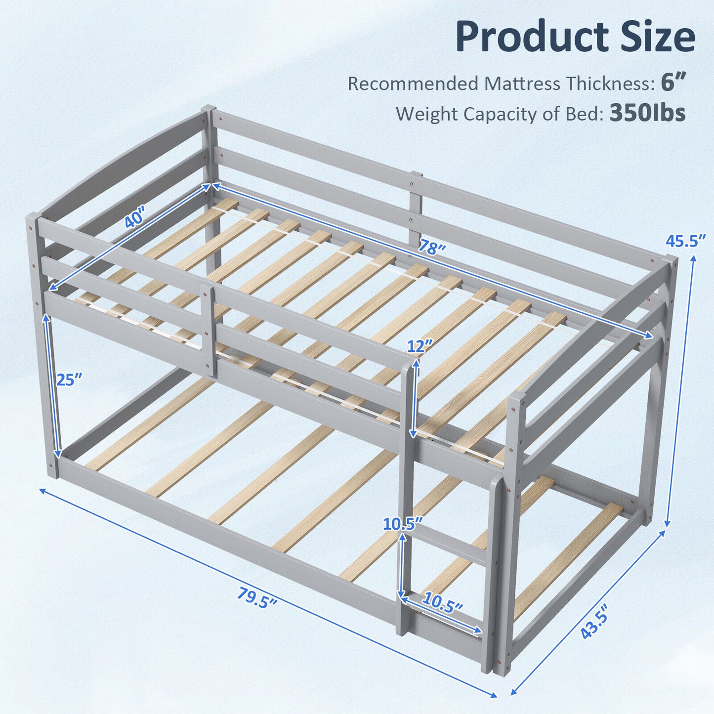 Sturdy Twin Size Bunk Bed with High Safety Guardrails and Integrated Ladder - Grey