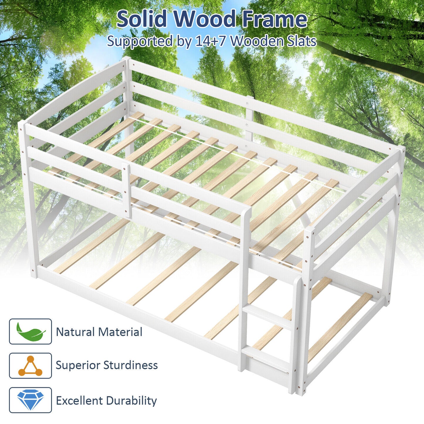 Sturdy Twin Size Bunk Bed with High Safety Guardrails and Integrated Ladder - White