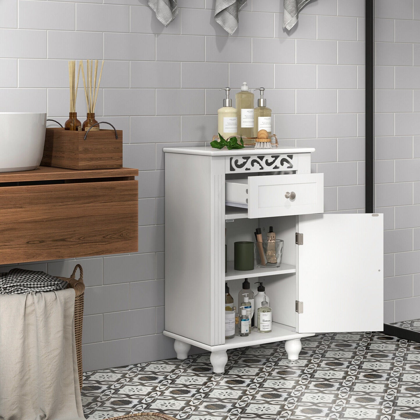 Versatile Bathroom Storage Cabinet with Drawer & Adjustable Shelf