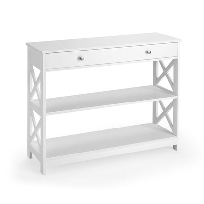 3 Tier Console Table with Drawer and Storage Shelves in White