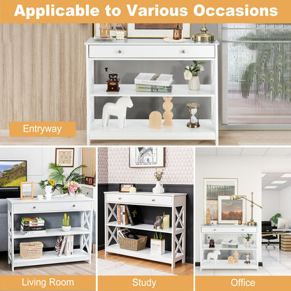 3 Tier Console Table with Drawer and Storage Shelves in White