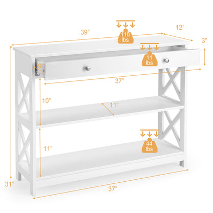 3 Tier Console Table with Drawer and Storage Shelves in White