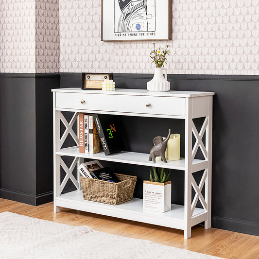 3 Tier Console Table with Drawer and Storage Shelves in White