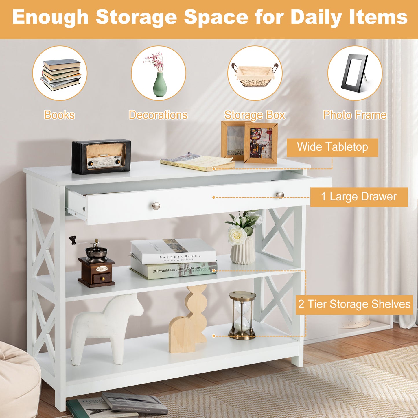 3 Tier Console Table with Drawer and Storage Shelves in White