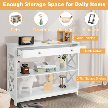 3 Tier Console Table with Drawer and Storage Shelves in White