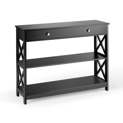 3 Tier Console Table with Drawer and Storage Shelves in Black