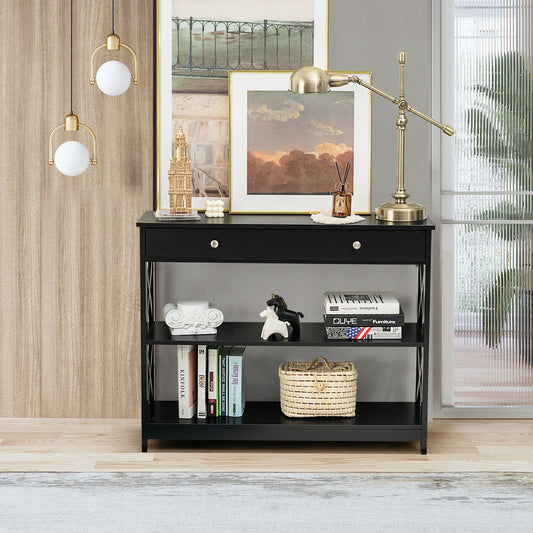 3 Tier Console Table with Drawer and Storage Shelves in Black