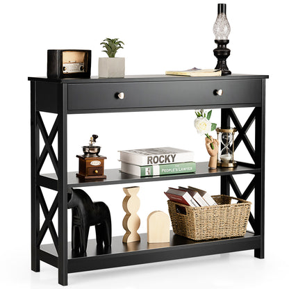 3 Tier Console Table with Drawer and Storage Shelves in Black