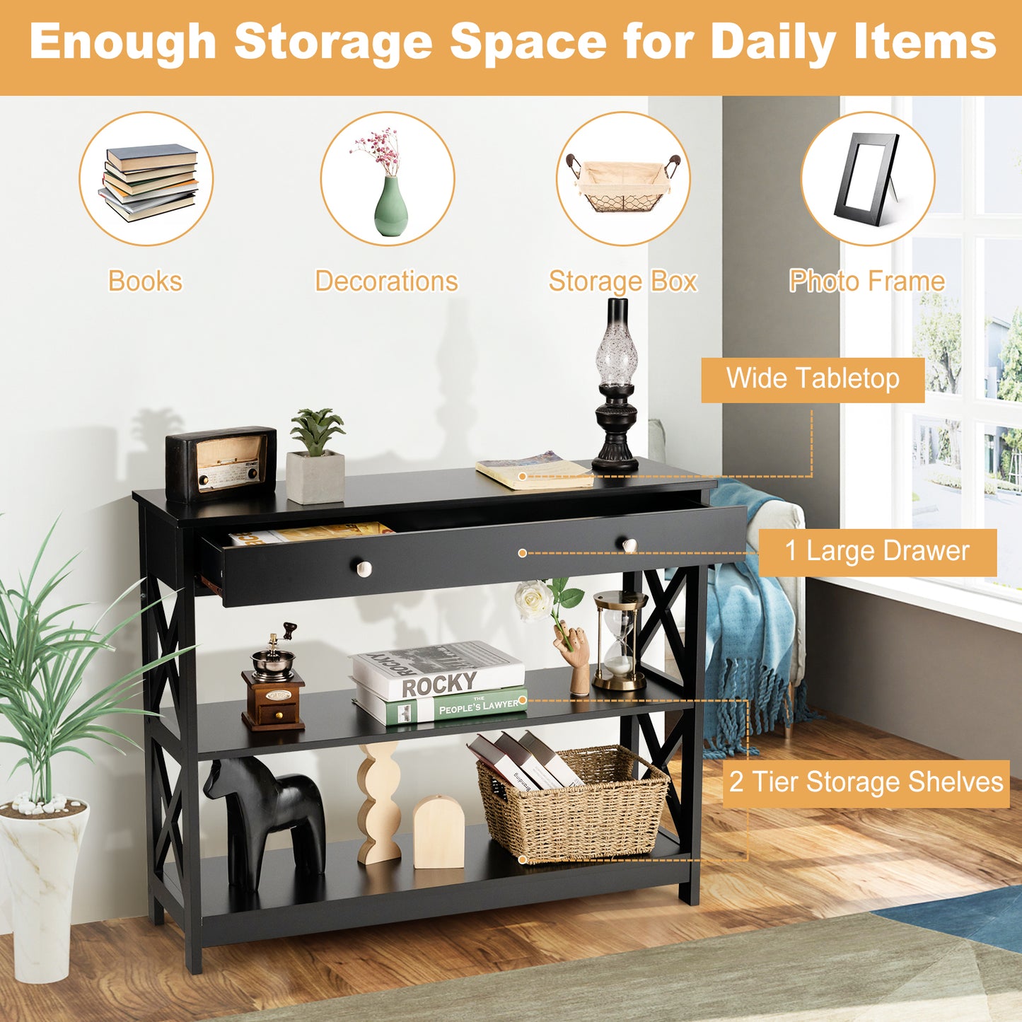 3 Tier Console Table with Drawer and Storage Shelves in Black