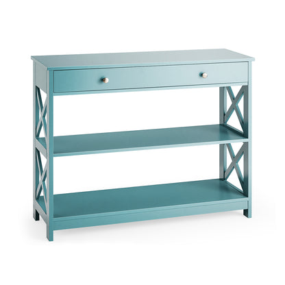 3 Tier Console Table with Drawer and Storage Shelves in Turquoise