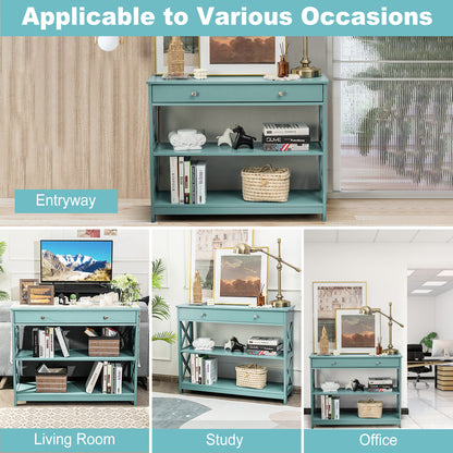 3 Tier Console Table with Drawer and Storage Shelves in Turquoise
