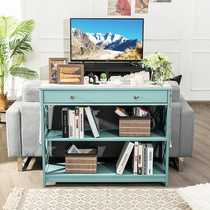 3 Tier Console Table with Drawer and Storage Shelves in Turquoise