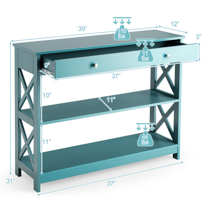 3 Tier Console Table with Drawer and Storage Shelves in Turquoise