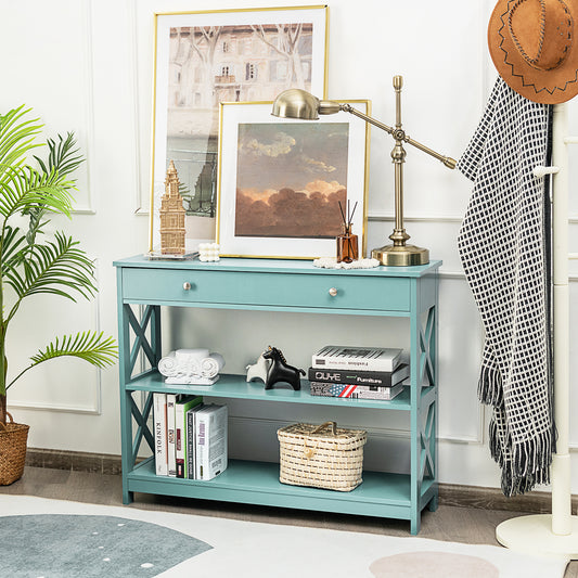 3 Tier Console Table with Drawer and Storage Shelves in Turquoise
