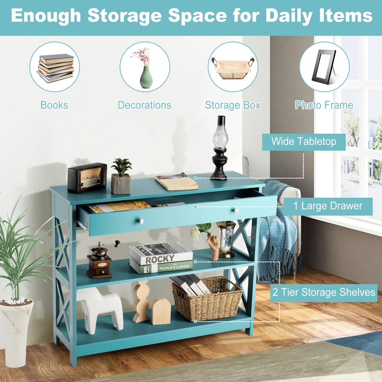 3 Tier Console Table with Drawer and Storage Shelves in Turquoise