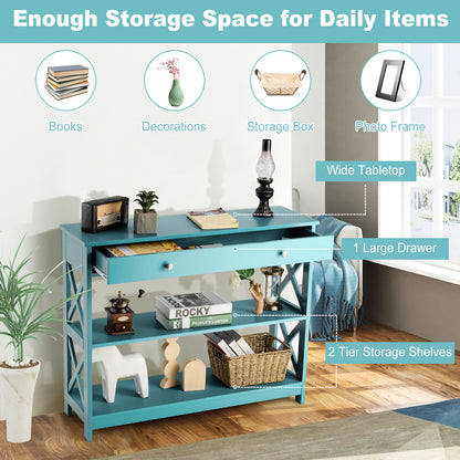 3 Tier Console Table with Drawer and Storage Shelves in Turquoise
