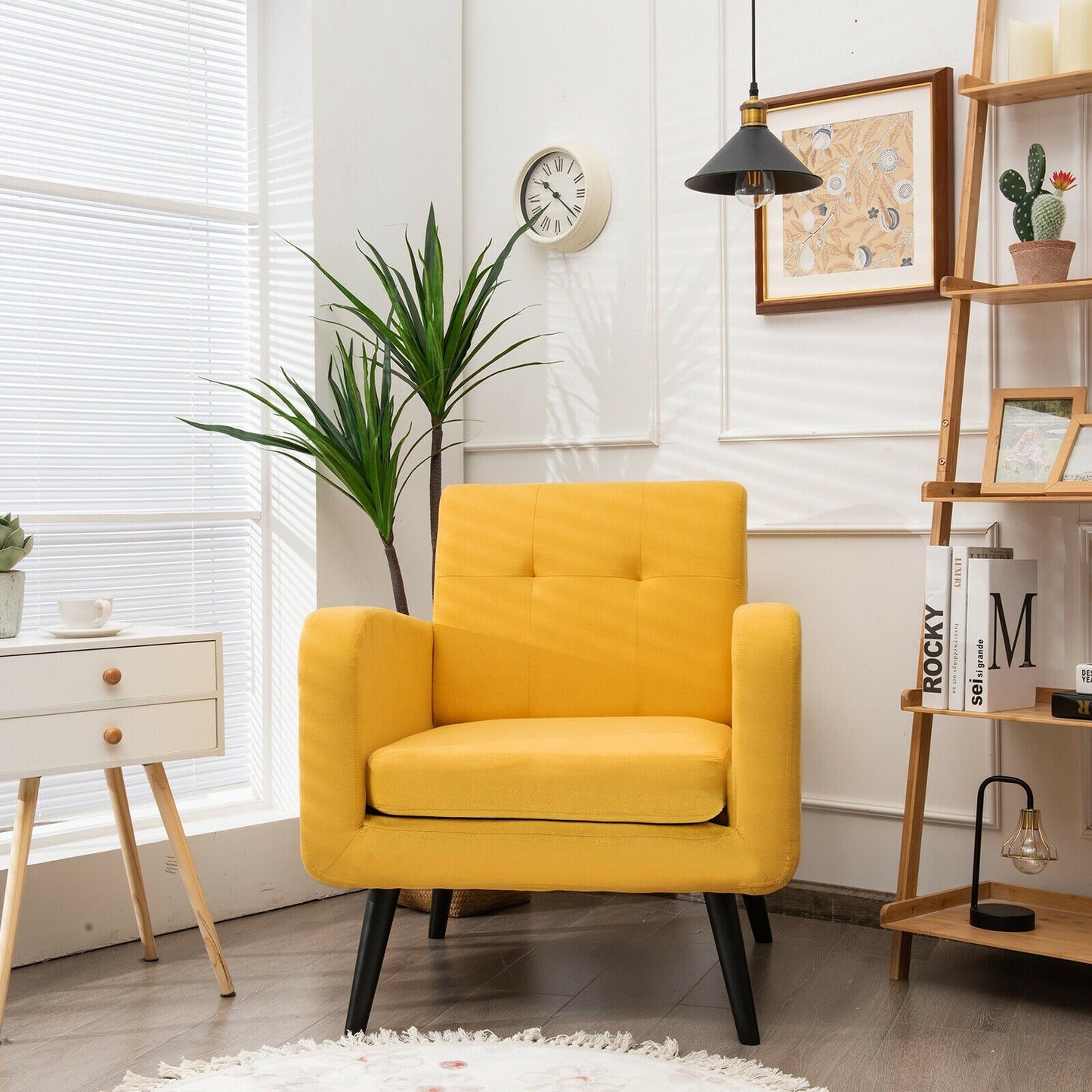 Contemporary Single Sofa Chair with Cushioned Seat and Wood Frame - Yellow