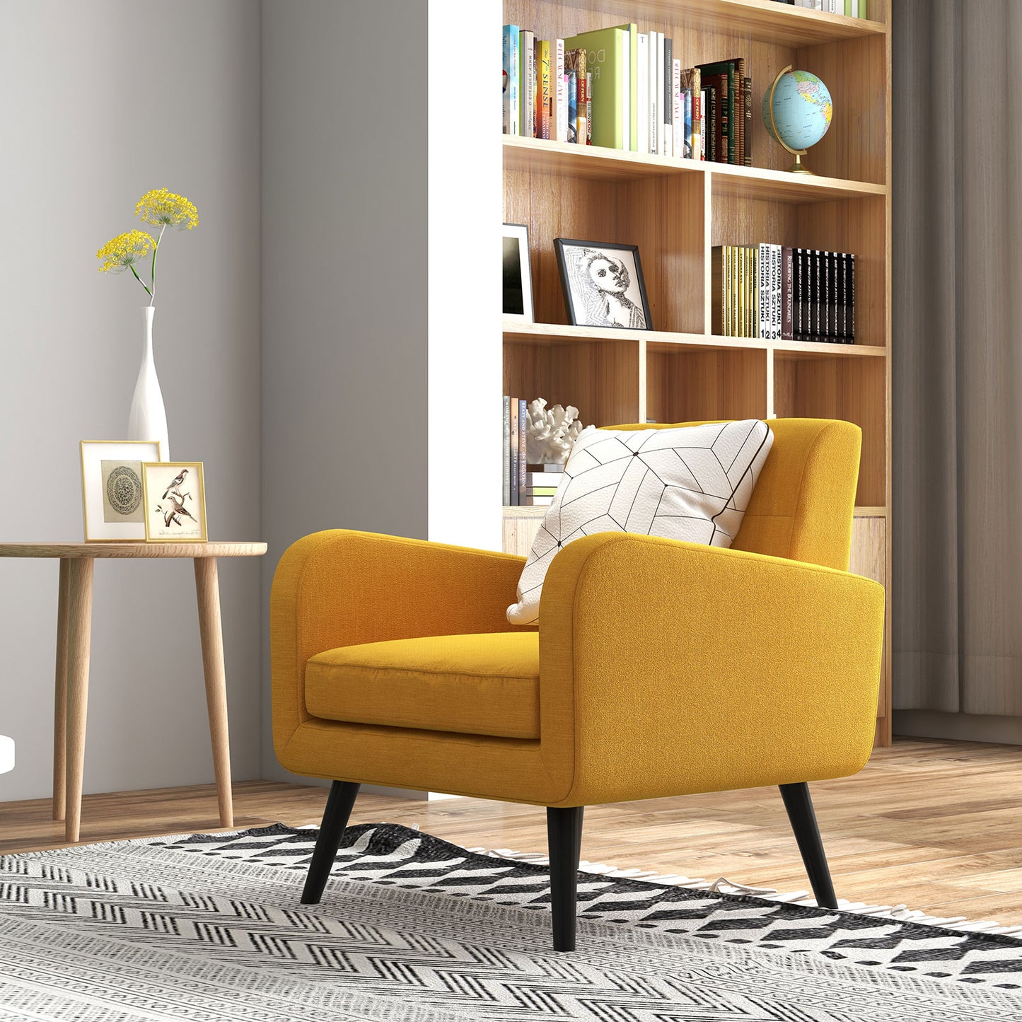 Contemporary Single Sofa Chair with Cushioned Seat and Wood Frame - Yellow