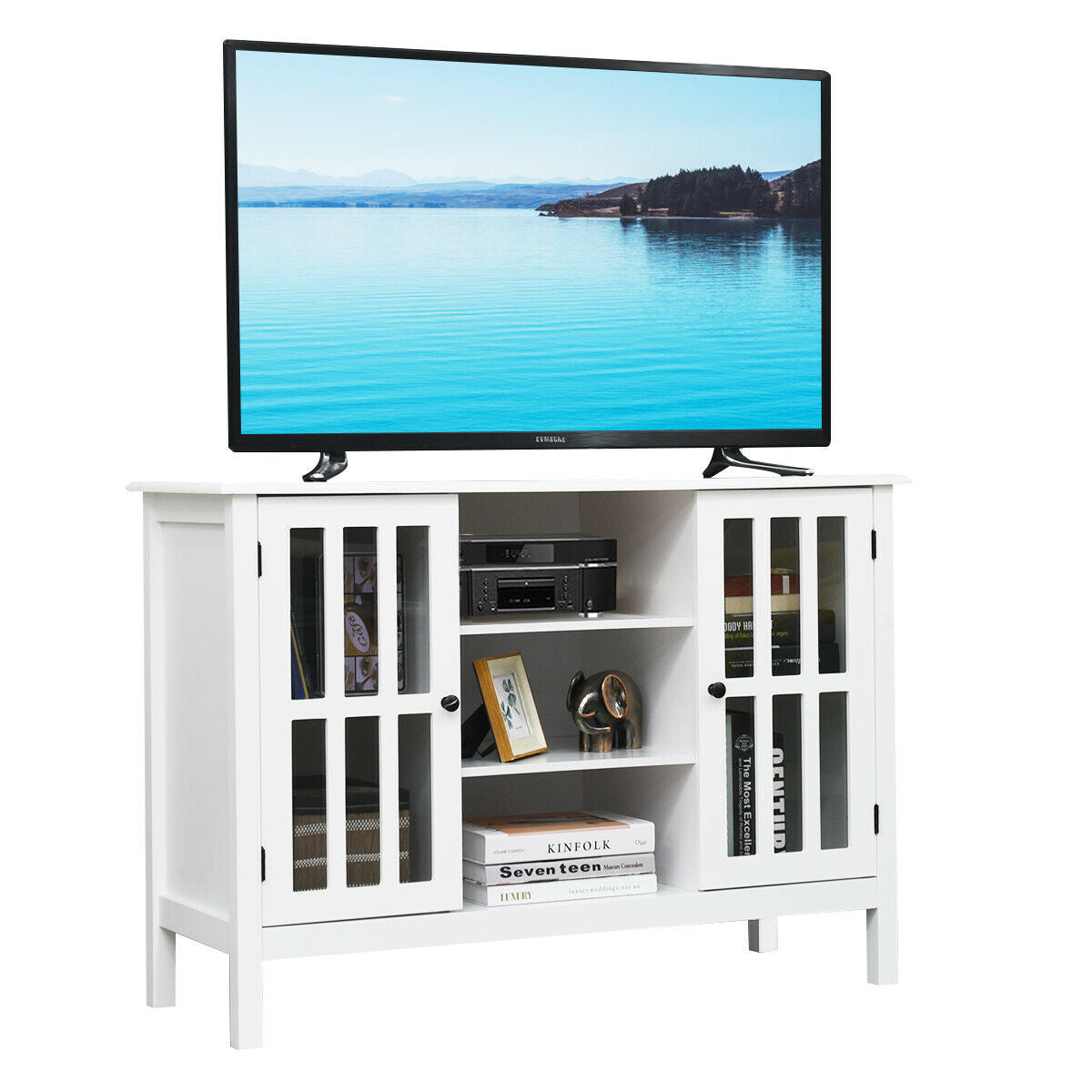 Modern Wooden TV Stand Cabinet with Storage for TVs up to 50 Inches – White Finish