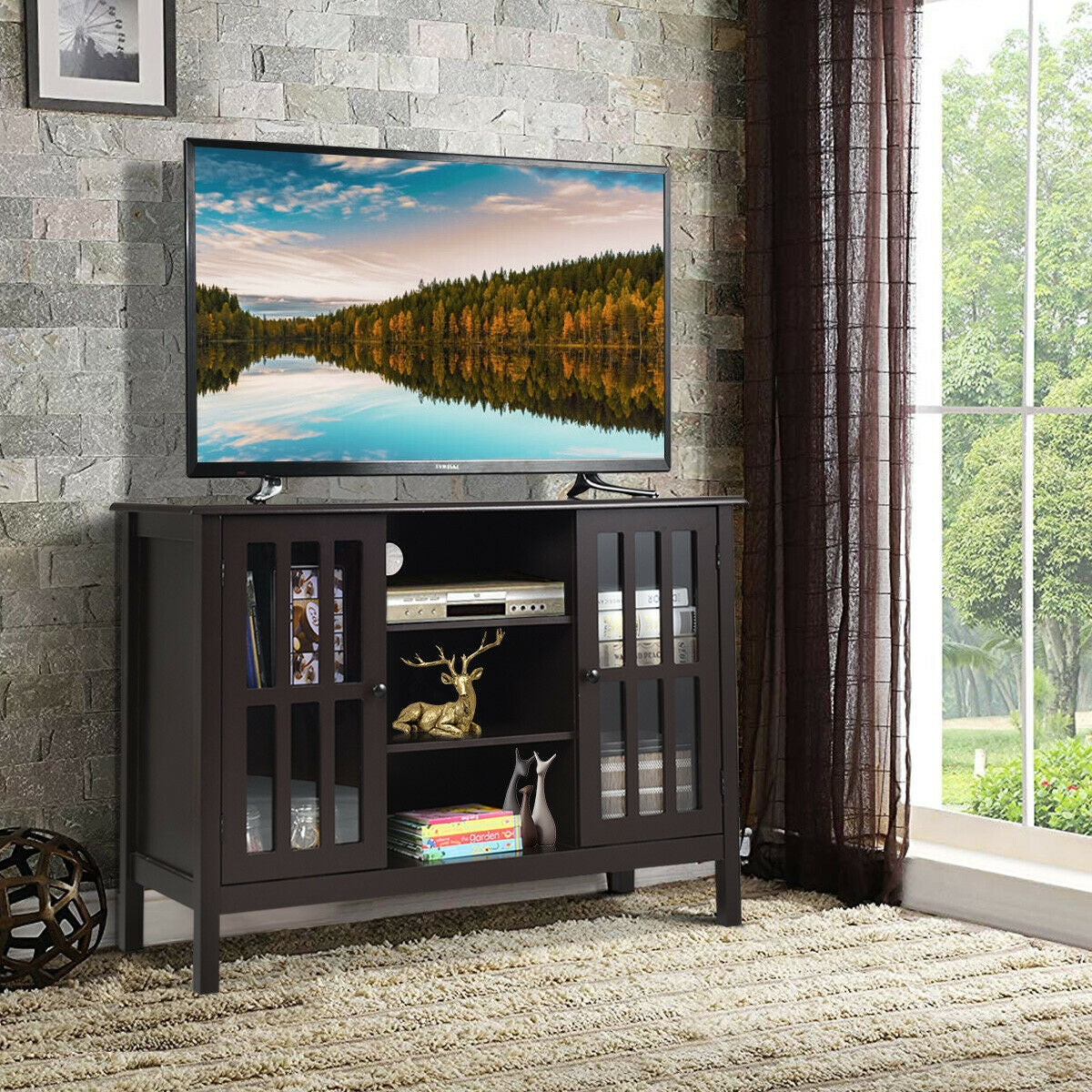 Modern Wooden TV Stand Cabinet with Storage for TVs up to 50 Inches – Brown Finish