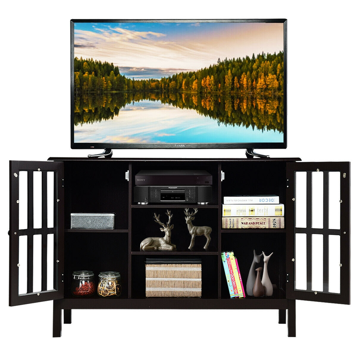 Modern Wooden TV Stand Cabinet with Storage for TVs up to 50 Inches – Brown Finish