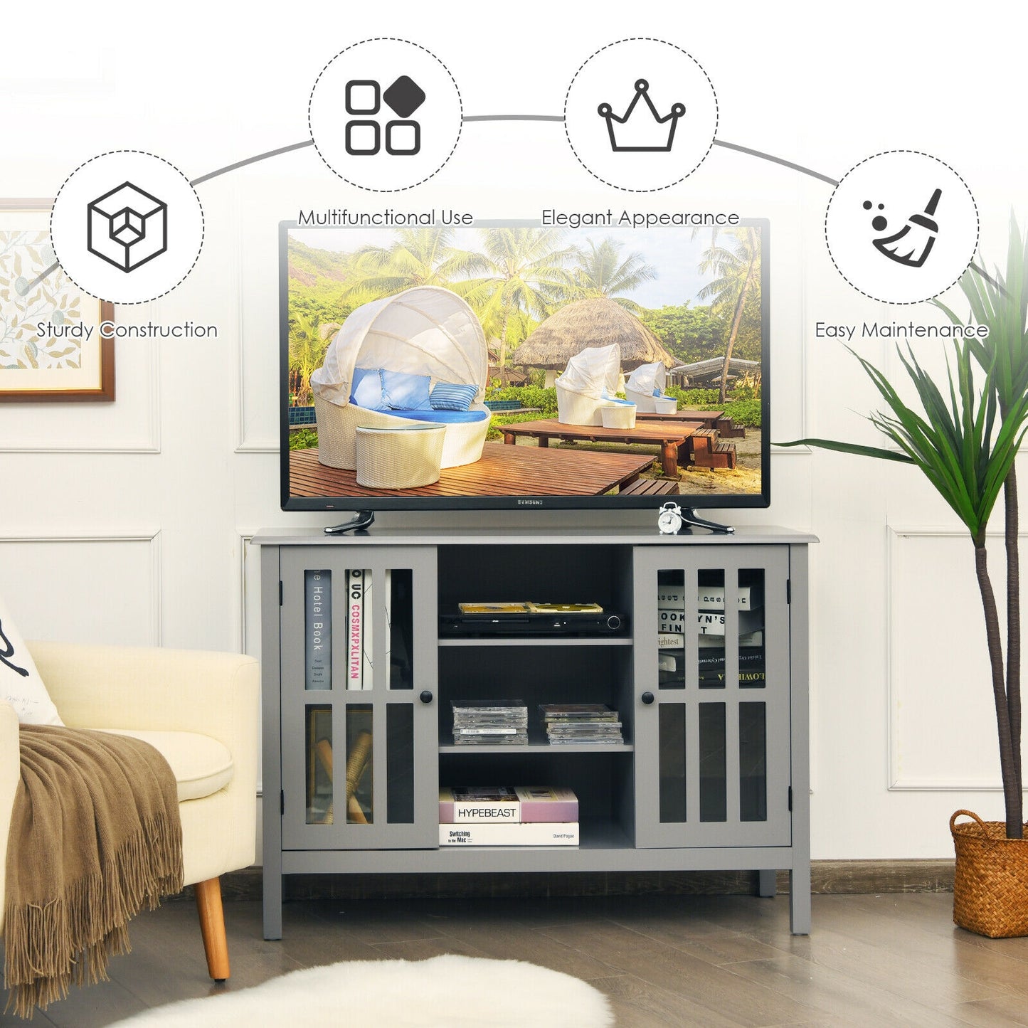 Modern Wooden TV Stand Cabinet with Storage for TVs up to 50 Inches – Grey