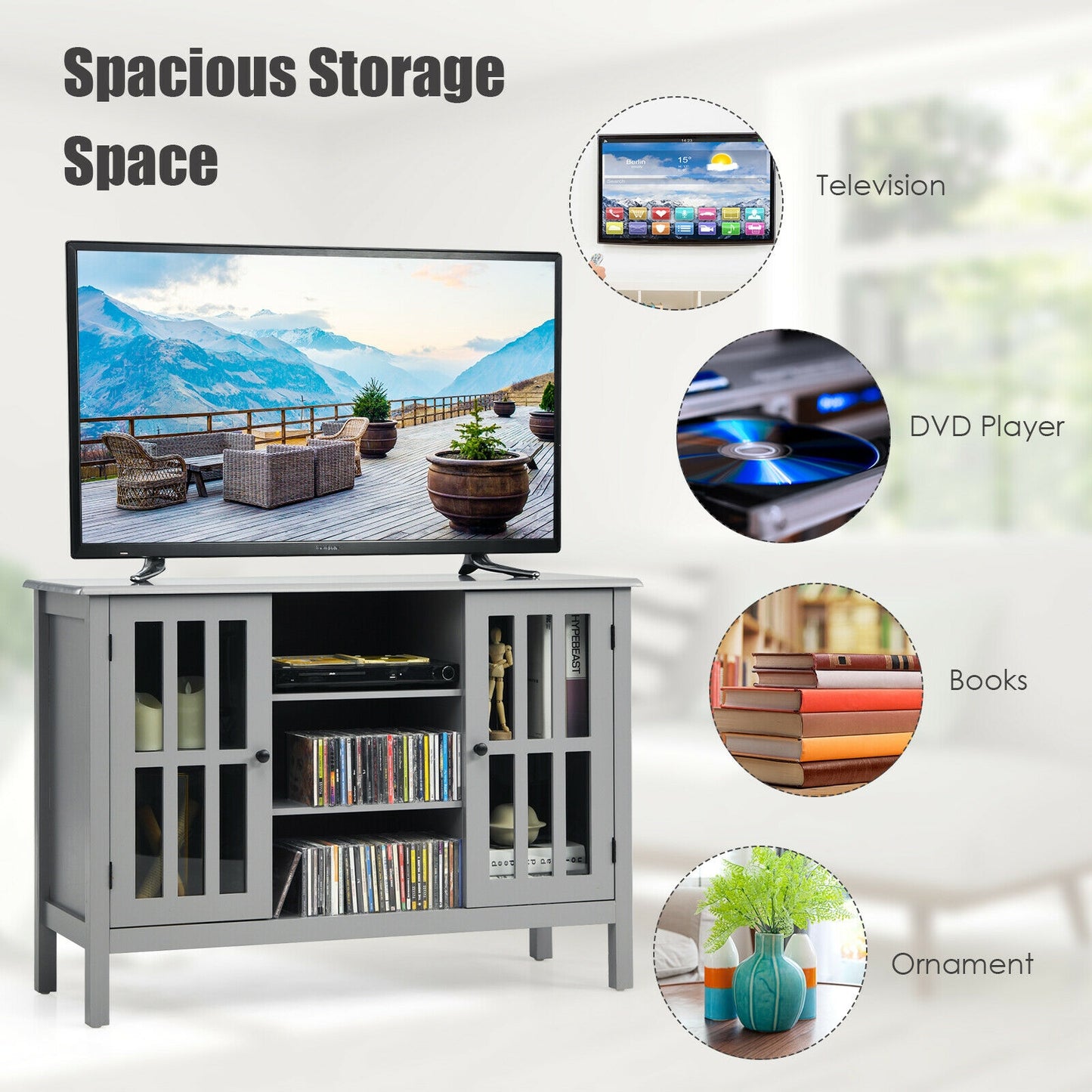 Modern Wooden TV Stand Cabinet with Storage for TVs up to 50 Inches – Grey