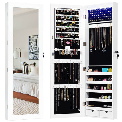 Wall & Door Mounted Lockable Jewelry Cabinet with Full-Length Mirror and LED Lighting
