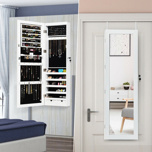 Wall & Door Mounted Lockable Jewelry Cabinet with Full-Length Mirror and LED Lighting
