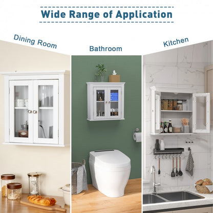 Wall-Mounted Storage Cabinet with 3 Level Adjustable Shelf & Tempered Glass Doors