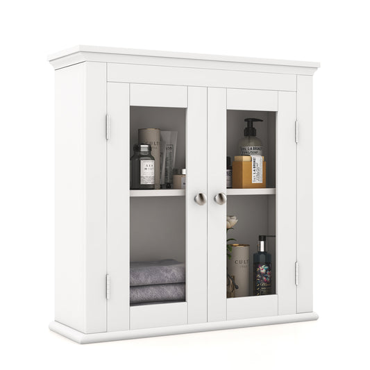 Wall-Mounted Storage Cabinet with 3 Level Adjustable Shelf & Tempered Glass Doors
