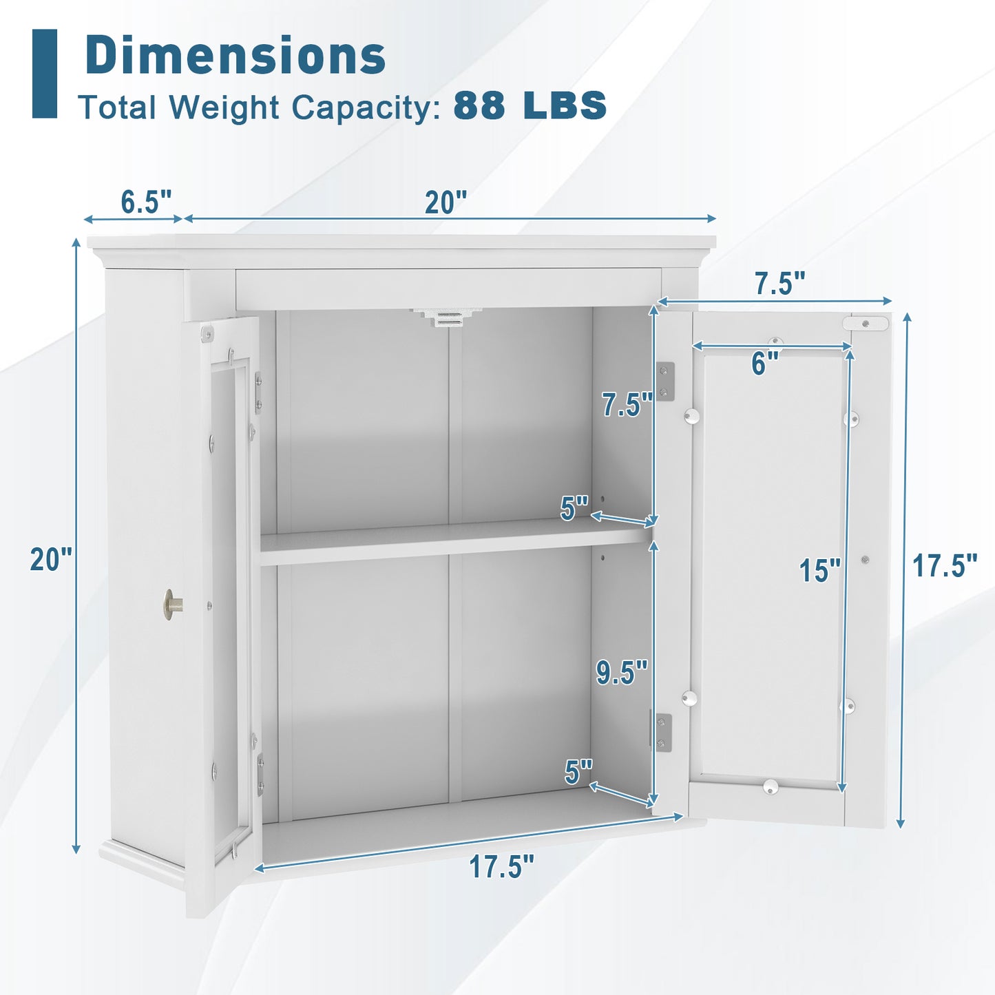 Wall-Mounted Storage Cabinet with 3 Level Adjustable Shelf & Tempered Glass Doors