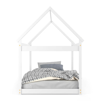 Durable Twin Platform Kids Bed with Roof and Heavy-Duty Slats – White