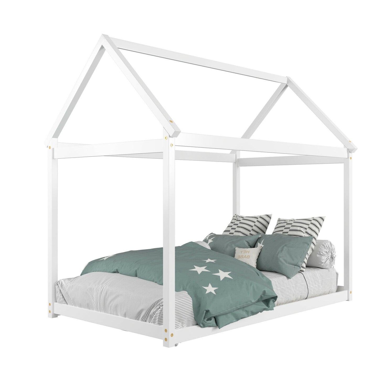 Durable Twin Platform Kids Bed with Roof and Heavy-Duty Slats – White